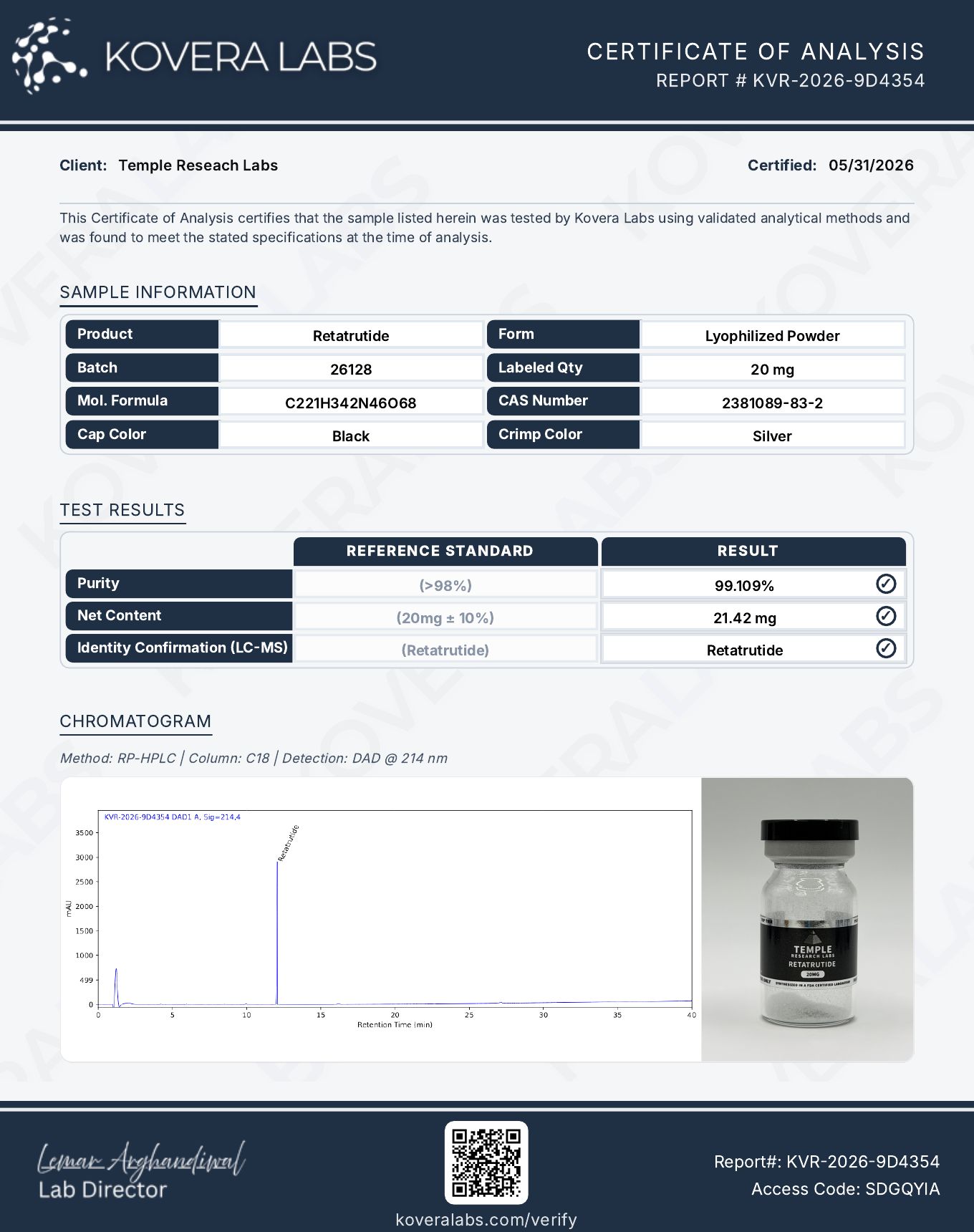 Kovera Labs certificate of analysis for Retatrutide, batch 26128